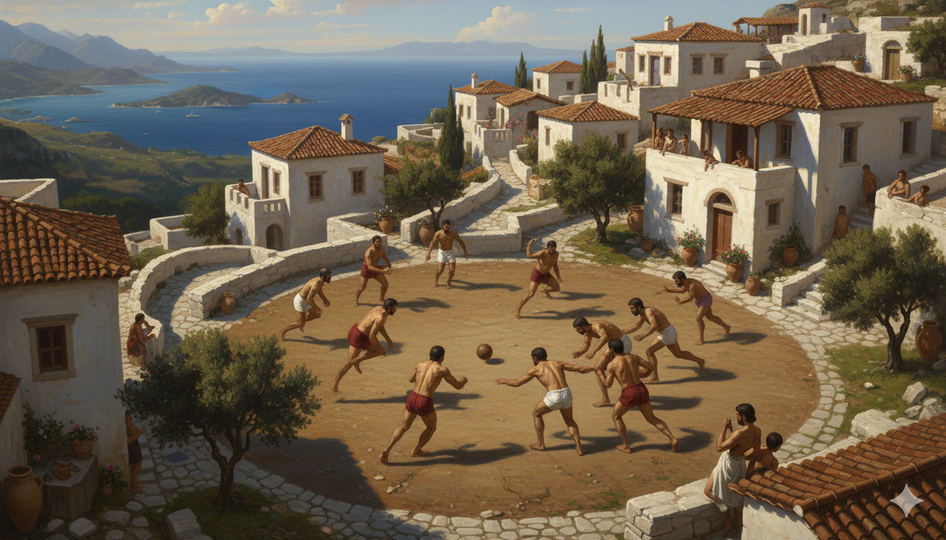 Gravura de uma partida de futebol medieval em uma praça pública