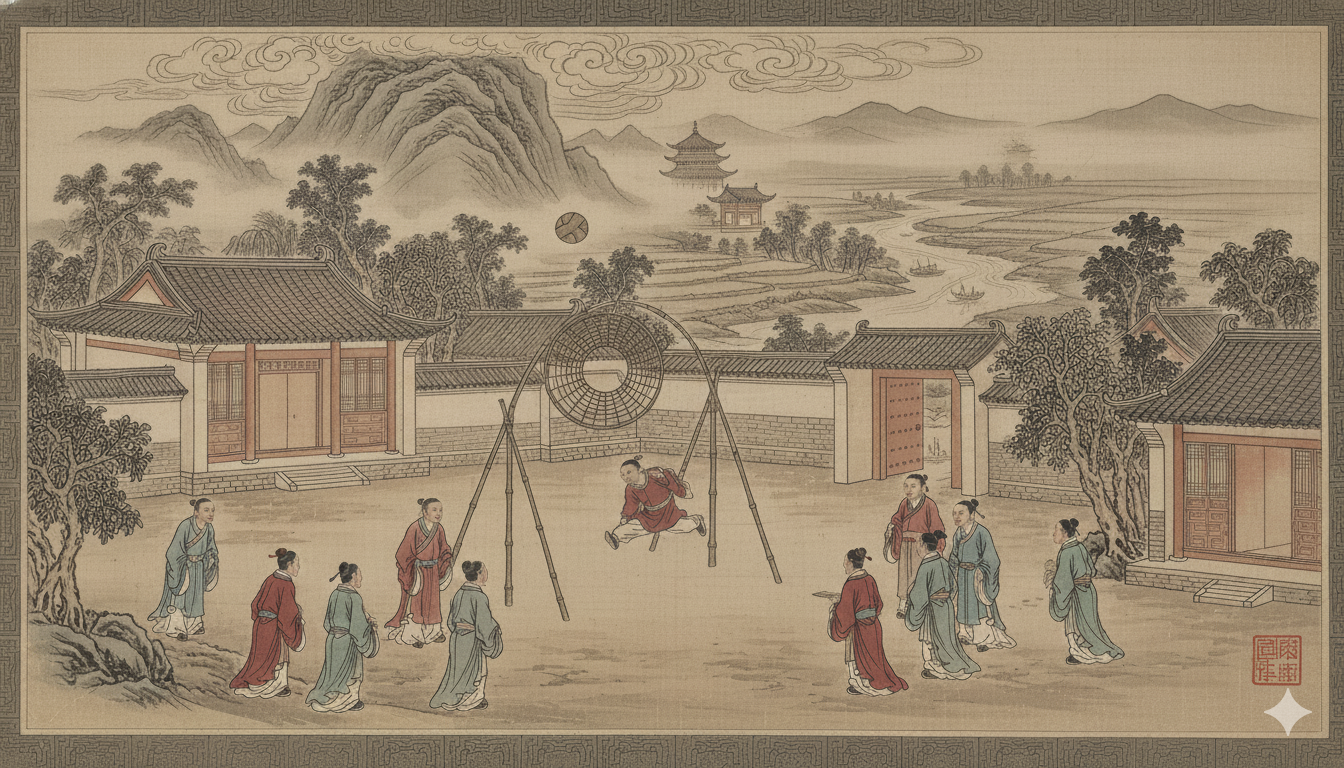 Ilustração antiga de pessoas jogando Cuju na China