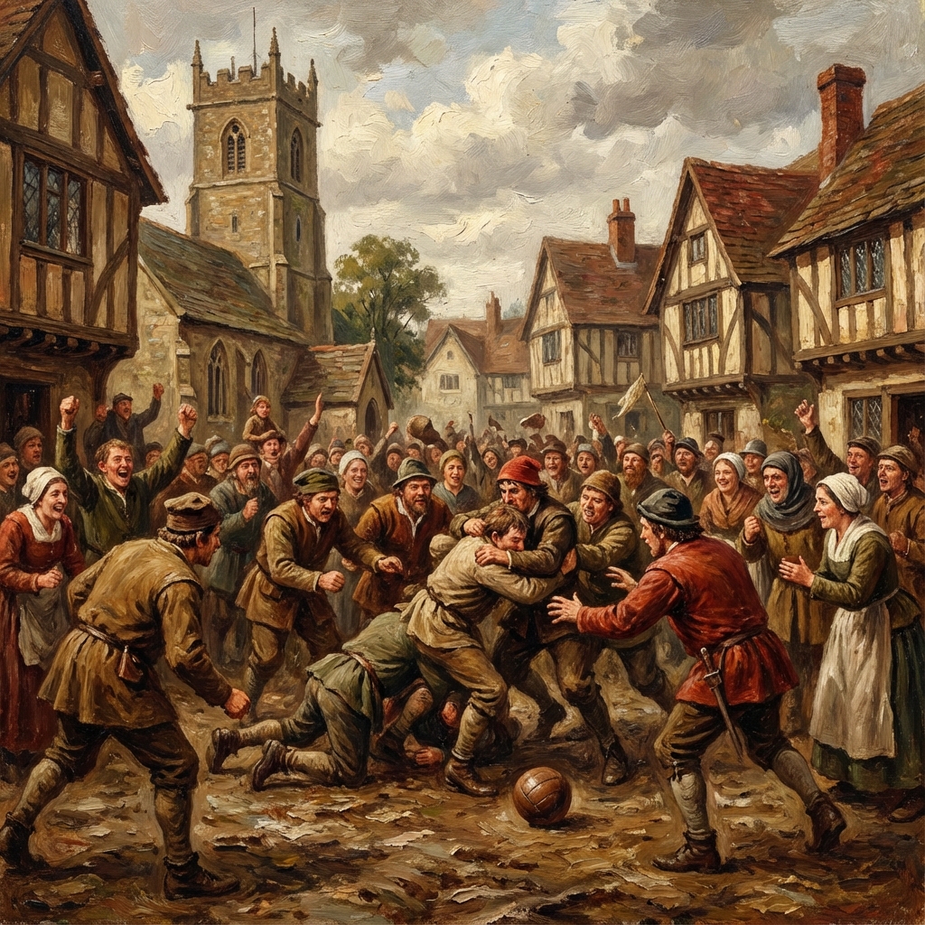 Gravura de uma partida de futebol medieval em uma praça pública